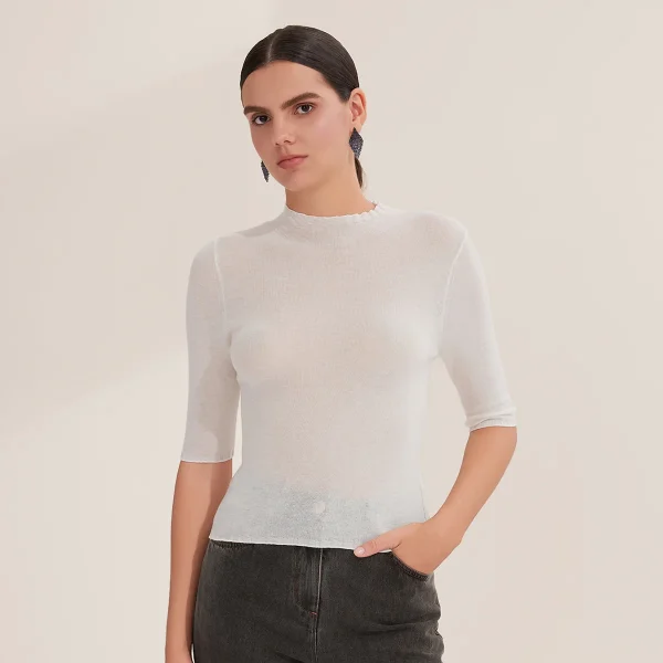BY3521265 Maglione pullover slim fit da donna in maglia di lana merino superfine, mezza manica, girocollo 3
