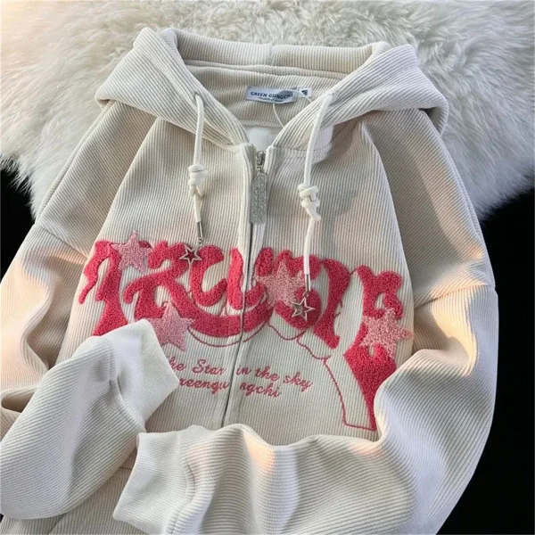 Felpe con zip ricamate alla moda da donna autunno top a maniche lunghe camicia con cappuccio allentato Harajuku Y2K abbigliamento giacca felpa femminile 2