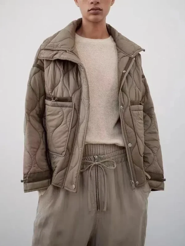 Giacca donna in cotone caldo Autunno e Inverno Colletto in piedi Manica lunga Zip frontale con bottoni Giacca Vintage 2