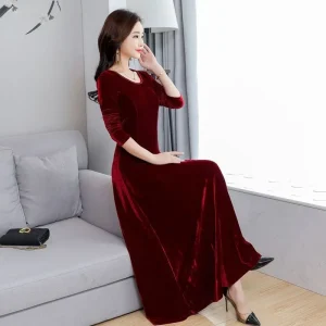 Abito elegante in velluto a maniche lunghe con scollo tondo Abito lungo stile Cheongsam da donna Autunno Inverno Nuovo arrivo gonna base taglie forti 1