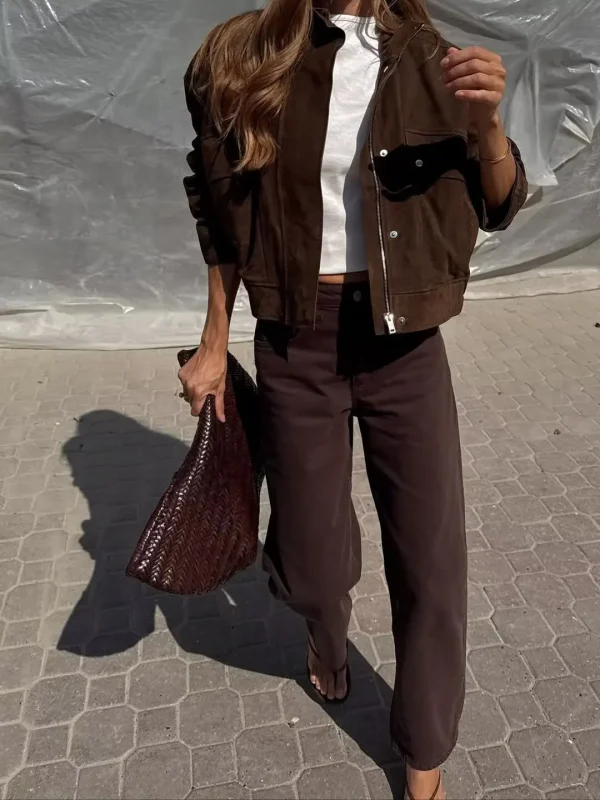 Tidalyf 2025 Giacca da donna in finta pelle scamosciata - Colletto rialzato, Manica lunga, Tasche decorative, Cappotto casual chic autunno inverno con orlo elastico 5