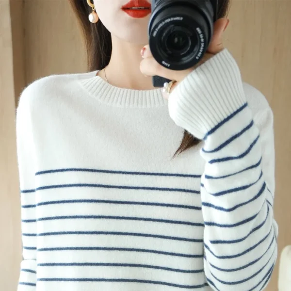 Maglione lavorato a maglia in cotone 100% maglione da donna a righe abbinate ai colori girocollo di grandi dimensioni temperamento allentato manica lunga fondo 5