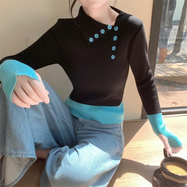 Nuovi arrivi inverno autunno donna T-shirt in maglia maniche logn con fori per le dita slim fit colletto bia bottoni decorativi top da donna 3