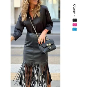 Minigonna in pelle con giunture con frange alla moda Autunno Inverno Moda Street Style A-Line Silhouette in pelle artificiale tinta unita 1