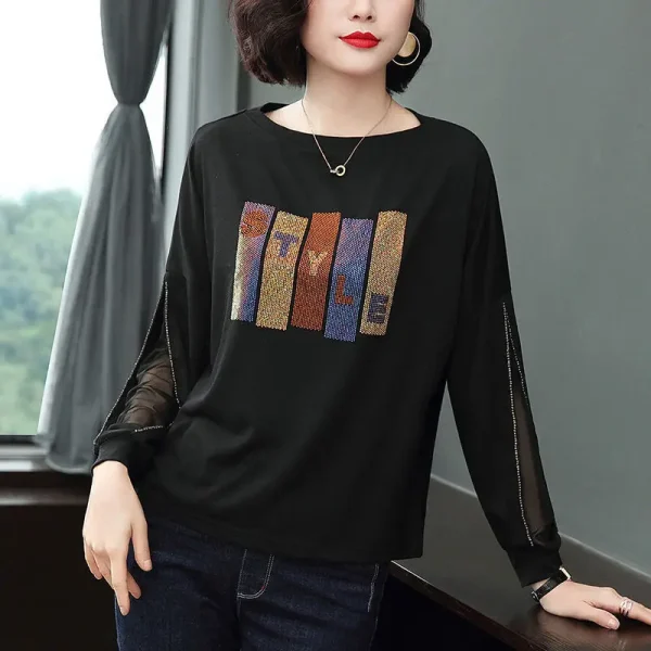 Moda diamanti manica a pipistrello Casual top abbigliamento donna primavera autunno coreano garza impiombata pullover t-shirt tinta unita 2