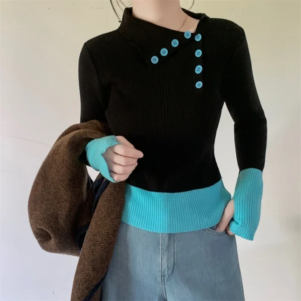 Nuovi arrivi inverno autunno donna T-shirt in maglia maniche logn con fori per le dita slim fit colletto bia bottoni decorativi top da donna 5