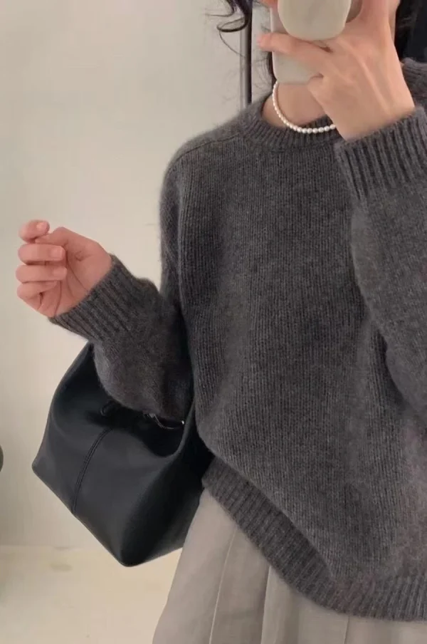Maglione di cachemire di alta qualità ~ autunno maglione girocollo da donna pullover allentato maglione con fondo in maglia di lana lazy wind top 5