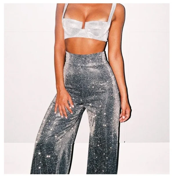 Pantaloni Sexy Glitter a vita alta autunno inverno Outfit donna argento scintillante Flare pantaloni con paillettes Party Night Clubwear 2024 4