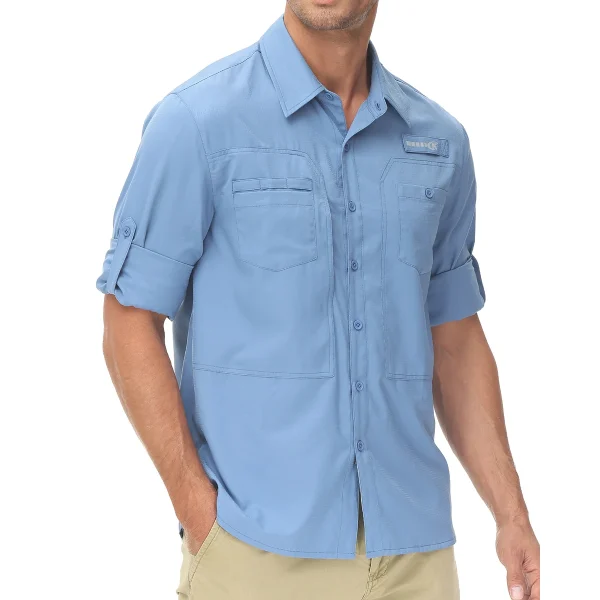Camicie da pesca a maniche lunghe UPF 50+ da uomo Protezione solare Camicia da lavoro da escursionismo traspirante Camicia casual abbottonata con tasca con cerniera 3