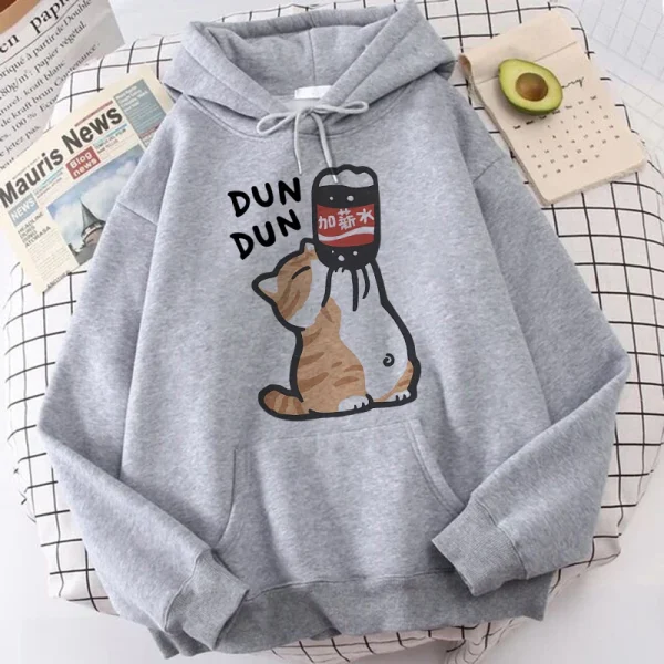 Gatto Bevande che bevono Stampa Felpe Abbigliamento Donna Casual Anni '90 Canguro Tasca Felpe con cappuccio Moda unisex Divertenti Pullover con cappuccio 2
