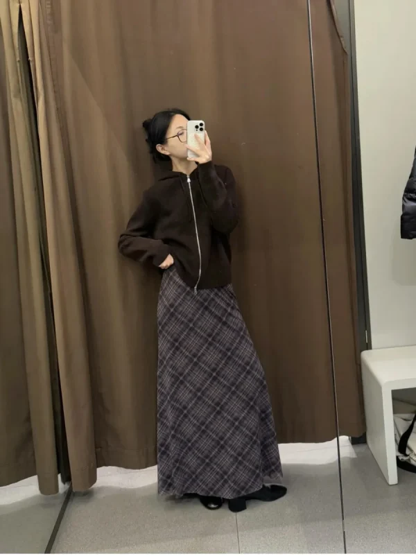 ETJ 2025 Primavera nuova elegante moda donna plaid stampato tessuto a rete di seta elastico in vita gonna MIDI gonna modello A-line 3