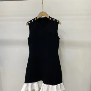 Abito da donna nero senza maniche con volant in maglia con bottoni sulle spalle, girocollo, mini abito elegante femminile primavera estate 1