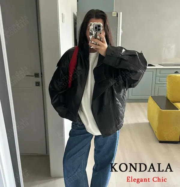 KONDALA Giacca in pelle con cerniera da donna Autunno Inverno Colletto in piedi Giacca in finto PU Cappotto 2025 Giacca Y2K da donna alla moda High Street 6