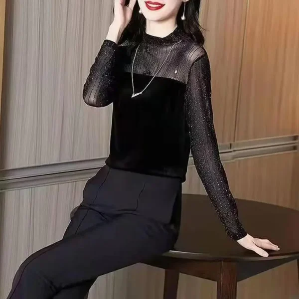 Top a maniche lunghe slim autunno inverno in pizzo Nuovo temperamento a rete T-shirt base a collo alto alla moda 3