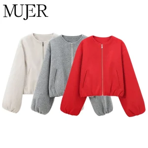 MUJER Giubbotti bomber con cerniera rossa da donna Giubbotti corti morbidi Donna 2025 Giacca sportiva da donna a maniche lunghe Novità in capispalla 1