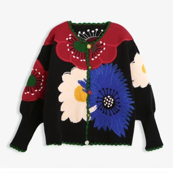 Cardigan moda donna di alta qualità con ricamo floreale vintage lavorato a maglia Tendenze moda autunno/inverno Nuovo in maglione chic 6