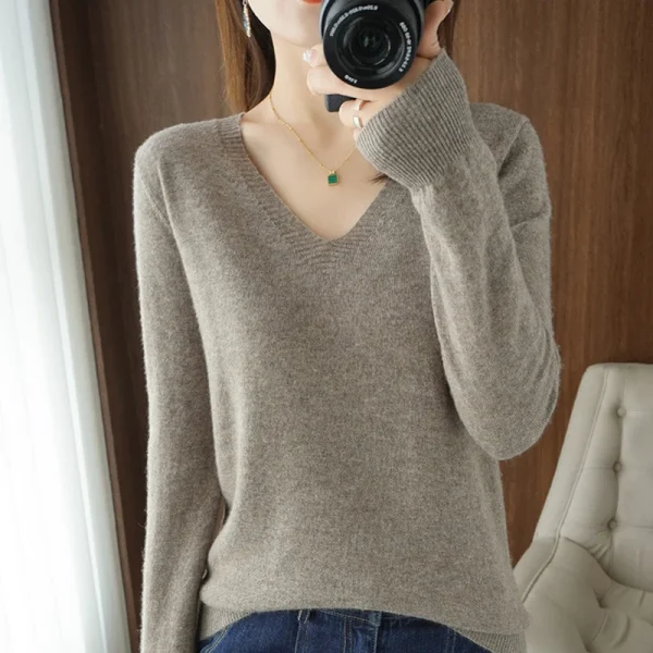 Nuovo maglione da donna con scollo a V in cashmere con scollo in pizzo, design scavato, maglione da donna a maniche lunghe lavorato a maglia casual autunno e inverno 4