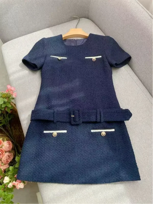 2025 Autunno New Fashion Blu Navy Tweed Abito a maniche corte Donna Temperamento Girocollo Pendolari Vita alta Abito corto da donna 4