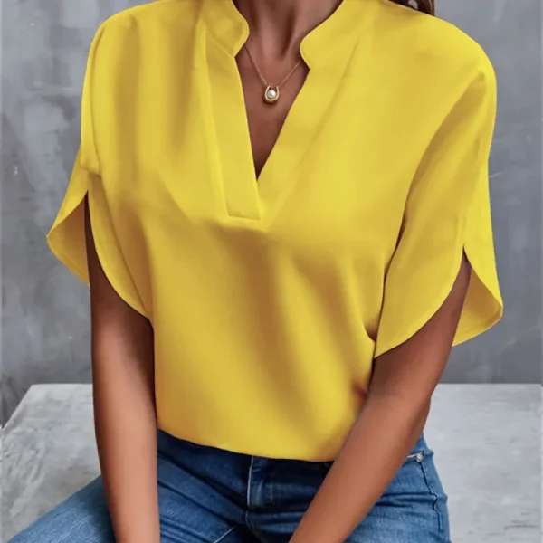 T-shirt con scollo a V da donna, tinta unita, casual, versatile, europea e americana, a maniche corte, per ufficio, bellezza, camicia da donna 2