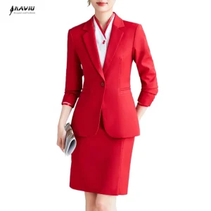 NAVIU Set di pezzi da traino Completi da donna 2024 Nuove signore da ufficio Elegante scollo a V Manica lunga Giacca sottile Solido Gonna sottile Abiti Rosso 1
