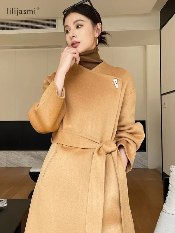 Cappotto di lana con colletto doppio scopo Bottone in corno Cappotto di lana 100% da donna Doppi strati Autunno Inverno Giacca lunga Trench spesso # 23 2