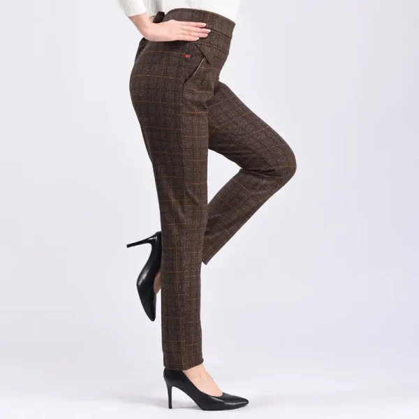 Autunno inverno 5XL addensare pantaloni dritti scozzesi Vintage All-match Casual Slim vita alta elastico donna moda pantaloni a matita 3