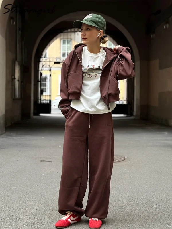 Tute da donna Tuta in pile invernale Marrone caldo Crop Zipper Felpe con cappuccio e pantaloni sportivi Set per donna Set di pantaloni in velluto da 2 pezzi 6