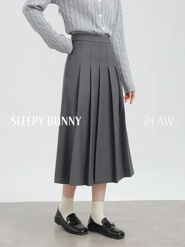 2025 Gonna a pieghe grigia autunno inverno per donna Gonna a trapezio a vita alta di media lunghezza per abito elegante stile ufficio Petite Lady 2