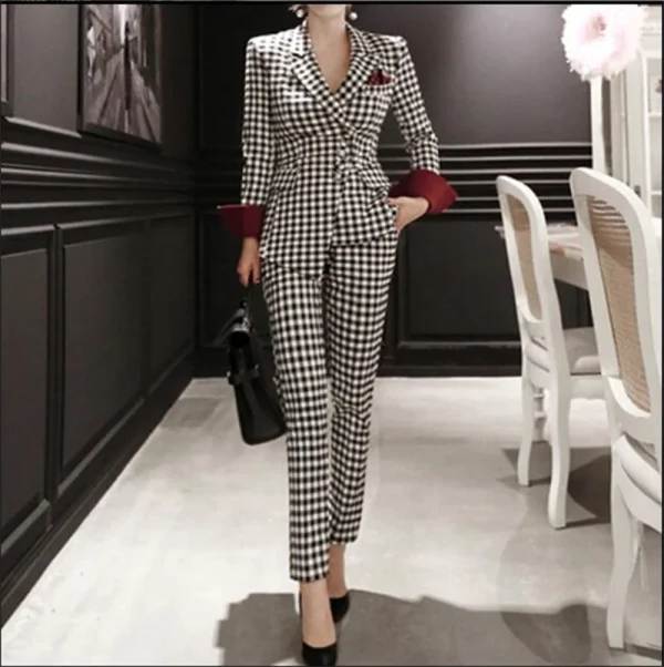 Completo Blazer scozzese Slim Fit da donna Set Casual Office Lady Single Button elegante Blaiser Mujer 2022 nuovo Blazerpants pied de poule 3
