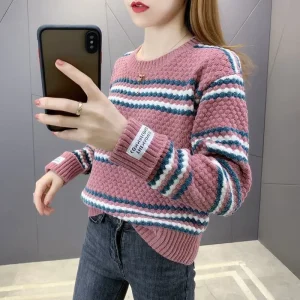 2023 autunno inverno nuovo Pullover girocollo maniche lunghe maglione a righe larghe Office Lady Basics Casual Knit Underlay 1