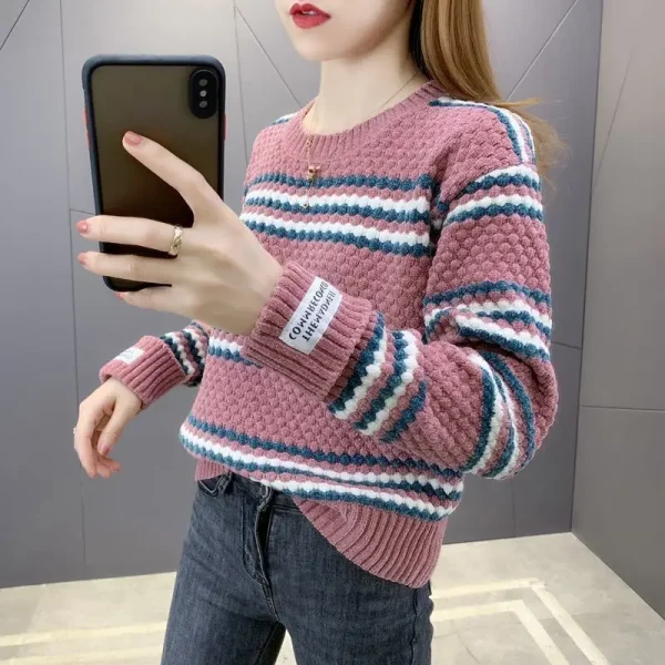 2023 autunno inverno nuovo Pullover girocollo maniche lunghe maglione a righe larghe Office Lady Basics Casual Knit Underlay 1