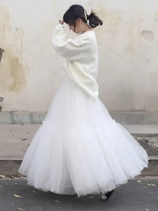 Gonna da donna in tulle con volant multistrato Gonna lunga soffice a pieghe a vita alta Abito da torta da fata Gonna lunga da festa con tutù 4
