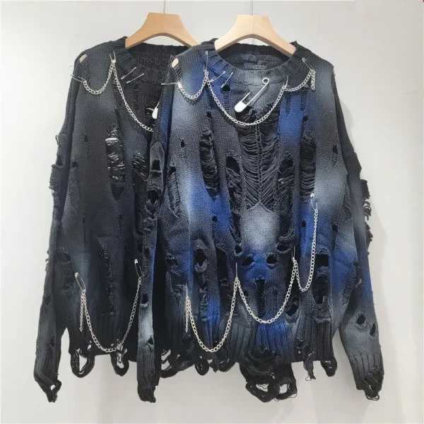 DEAT Pullover lavorato a maglia da donna Tie-dye Fori rotti Catene Spille Allentato Manica lunga O-Collo Maglioni 2025 Nuova moda Autunno 29A2729 2