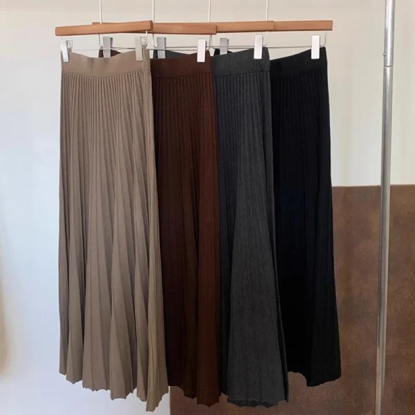 2026 Gonna longuette lavorata a maglia in cashmere kaki da donna, vestibilità ampia, drappeggiata, gonna a pieghe a trapezio snellente per l'autunno e l'inverno 2