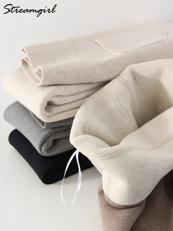 Leggings marroni invernali Pantaloni lunghi in pile da donna Leggings con fondo in velluto a vita alta con tasche Leggings spessi caldi per le donne invernali 2