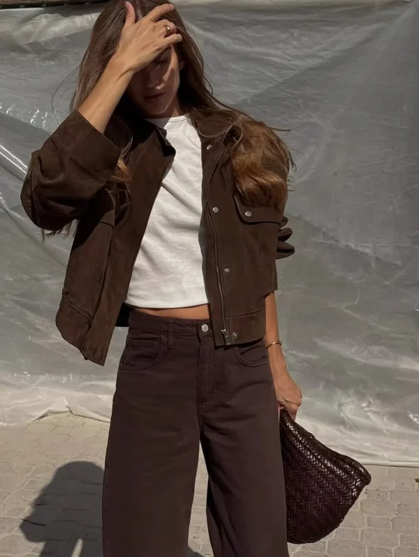 Tidalyf 2025 Giacca da donna in finta pelle scamosciata - Colletto rialzato, Manica lunga, Tasche decorative, Cappotto casual chic autunno inverno con orlo elastico 2