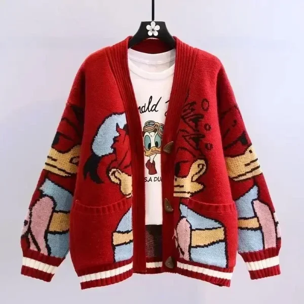 Cardigan lavorato a maglia Disney Maglioni giapponesi dei cartoni animati di Donald per donna Cappotto femminile Autunno e inverno Allentato selvaggio Addensare Top Kawaii 2