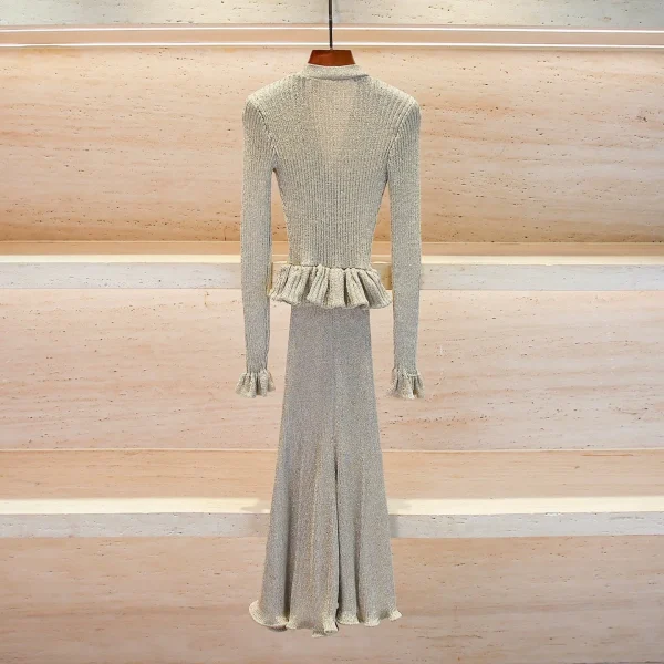 Abito in maglia arricciata con maniche a campana con scollo a V Abito elegante da donna a trapezio elasticizzato in oro 2025 Nuovo arrivo autunno 5