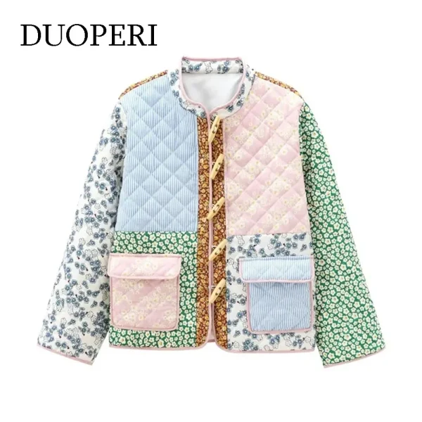 DUOPERI Donna Y2K Moda con tasche Giacche patchwork Vintage O-Collo Maniche lunghe Abiti da donna chic femminili 1
