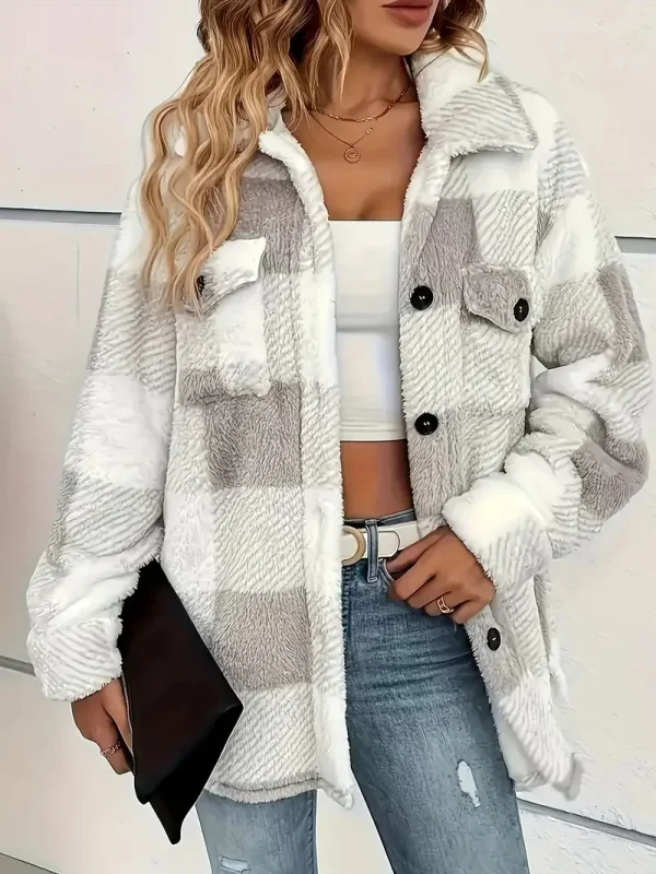 Europa e Stati Uniti autunno e inverno cappotto scozzese con risvolto con bottoni aperti giacca scozzese con bottoni sul davanti calda 5