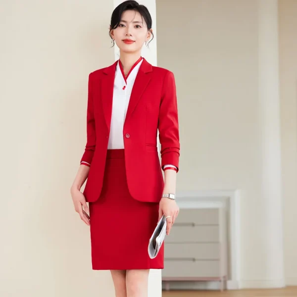 NAVIU Set di pezzi da traino Completi da donna 2024 Nuove signore da ufficio Elegante scollo a V Manica lunga Giacca sottile Solido Gonna sottile Abiti Rosso 2