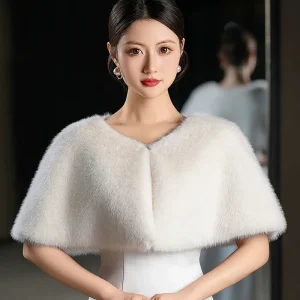 Scialle di pelliccia da 110 cm Avvolgente da sposa per abito formale Cheongsam Capispalla da sposa Mantello da sposa Autunno Inverno Giacca Bolero 1