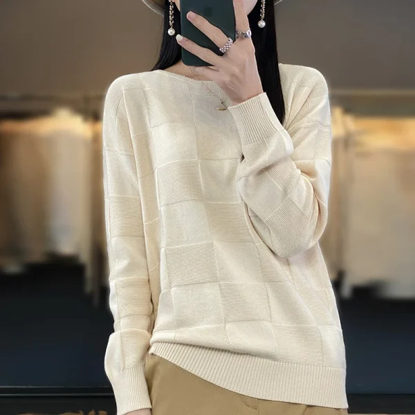 Autunno Inverno Nuove Donne 100% Cotone Morbido Maglione Colletto Rotondo Modello Quadrato Pullover Allentato Moda Maglieria Casual Base Top 2