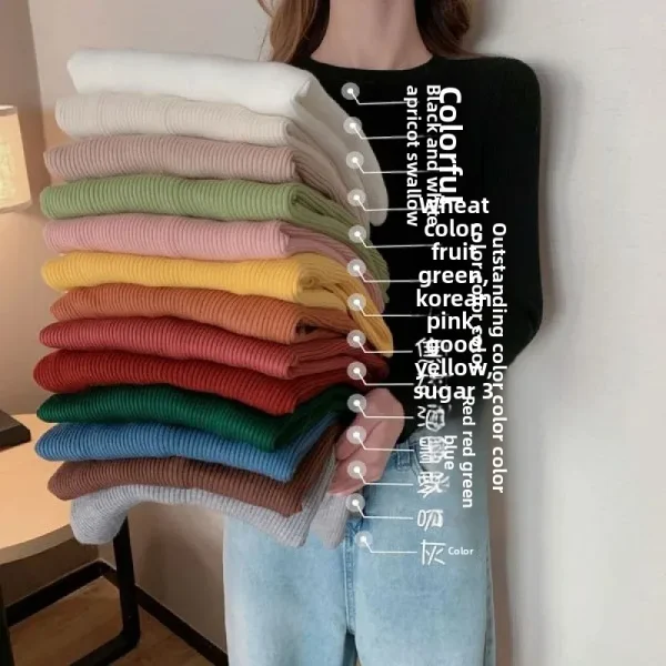 Camicia base da donna a maniche lunghe slim fit Elasticità Maglione lavorato a maglia stile base in puro colore Autunno Inverno Nuovo arrivo Versi coreano 2