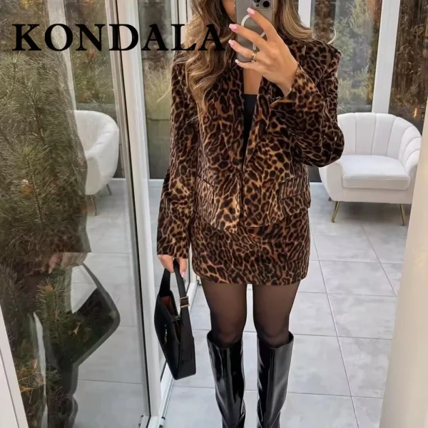 KONDALA Leopardo 2025 Autunno Stampa Animale Vintage Donna Abiti di Velluto Giacca Monopetto + Mini Gonna Tubino Moda Abiti Sexy 3