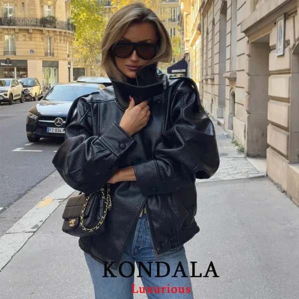 KONDALA Casual Chic Giacche di pelle nera Donna Manica lunga Bottoni Elastico Cappotti oversize Moda 2025 Autunno Cappotti streetwear 2