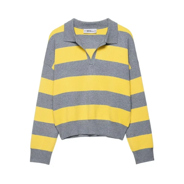 Autunno nuove donne abbigliamento alla moda design alla moda maglione con colletto POLO a righe casual manica lunga maglieria elegante femminile 1