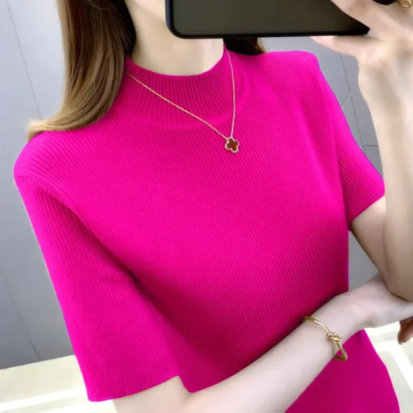 Elegante moda Harajuku Slim Fit abbigliamento femminile Casual tutto abbinato t-shirt solido dolcevita stile sottile maglioni manica corta 4