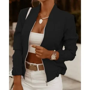 Giacca cardigan con cerniera e collo alto in tinta unita a maniche lunghe da pendolare da donna autunnale e giacca casual stampata alla moda 1