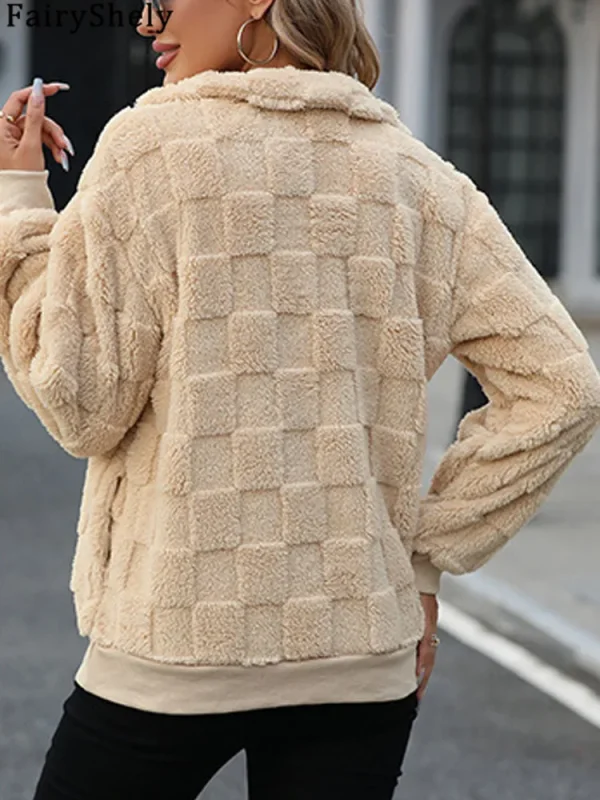 Fairyshely 2025 Autunno Collo alto Donna Felpe con cappuccio Inverno Manica lunga Cerniera Felpa calda Casual Lady Allentato Peluche Pullover Top 6